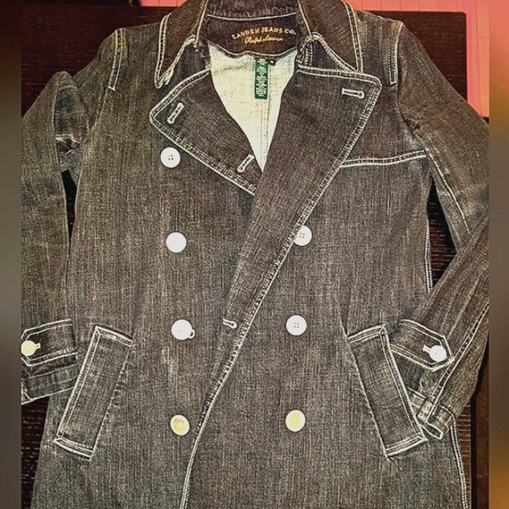 Ralph Lauren long denim jacket - EUC - black w white stitching